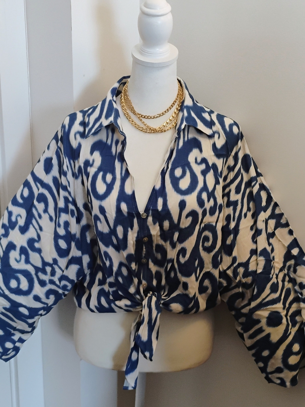 Women's Navy and White Printed Tie-Front Button Shirt